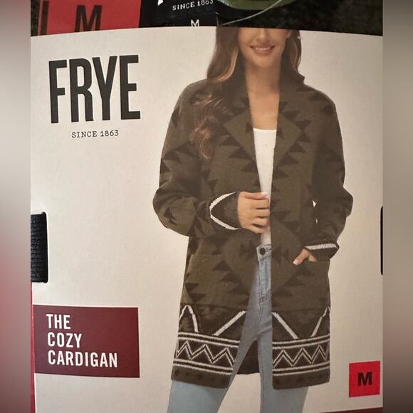 Frye Women’s Cozy Aztec Western Cardigan size L New Green Black geometrical - Picture 2 of 7